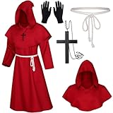 XCMVCN Mönch Robe Mittelalter Renaissance Robe, Herren Kapuze Mönch Robe Priester Kostüm, mit Kreuz-Halskette, Handschuhe und Kordel,Halloween, Karneval und Rollenspiel Kostüme(Rot，XXL)