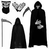 Sensenmann Kostüm,Halloween Sensenmann Kostüm Kinder,4-teiliges Tod Kostüm Set,Halloween Kostüm Set,mit Sichel,Schädelmaske,Handschuhe,Umhang mit Kapuze Vampir Kostüm,für Halloween Dekoration Cosplay