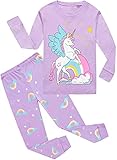 CM-Kid Pyjama Mädchen Lang Kinder Schlafanzug Set Baumwolle Warm Winter Zweiteiliger Nachtwäsche 6 7 Jahre Einhorn Lila Gr.122