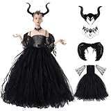 Herenear Maleficent Kostüm Mädchen Kinder, 5tlg Böse Königin Halloween Kostüm Set, Cosplay Hexenkostüm mit Hörner Flügel Kette, Prinzessin Fasching Karneval Verkleidung Partykleid Outfits (XL)