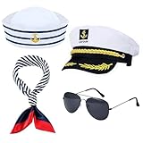 Orgoue Kapitän Kostüm Set, Marine Kostüm Matrosen Kostüm Zubehör mit Matrosenhut Schal Kapitänsmütze und Sonnenbrille für Männer Frauen für Halloween verkleiden sich Party (4Stück Kapitän Kostüm)