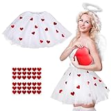 BOFUNX Damen Tüllrock Weiß Tutu Rock Minirock mit 36pcs Herz Sticker Glitzer Aufkleber für Valentinstag Karneval Mottoparty Amor Kostüme Accessoires