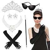 HOWAF 20er Jahre Kostüm Damen, 20er Jahre Accessoires Kristall Tiara Krone, Perlenkette Ohrringe Handschuhe Sonnenbrille für 1920 Kostüm, 20er Jahre Halloween Kostüm, Fasching Karneval Kostüm