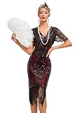 VILOREE 1920s Kleid Damen Flapper Charleston Kleid Gatsby Pailletten Cocktail Abschlussballkleid Party Kostüm Kleid Schwarz & Rot (55) L