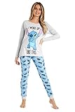 Disney Schlafanzug Damen Lang S-XL, Stitch Pyjama Damen Set, Mickey Minnie Mouse Geschenke Pyjama Damen Baumwolle (Grau/Blau Stitch, L-)