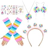 HOWAF Lollipop Kostüm, Lollipop Haarreif Haarschmuck, Fingerlose Handschuhe, Lollipop Ohrringe, Halskette, Tattoos für Bonbon Kostüm, Candy Kostüm, Halloween Kostüm, Fasching Kostüm, Karneval Kostüm