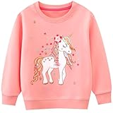 JinBei Sweatshirt für Mädchen Kinder Pullover Baumwolle Top Casual Jumper Rosa Regenbogen-Einhorn Pferd Druck Langarmshirt Alter 5-6 Jahre, Gr.110-116
