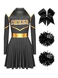 Aislor Damen Cheer Leader Kostüm Langarm Cheerleading Uniform Outfits Tanzkleid mit Pompoms/Harrband Halloween Karneval Cheerleading Kostüm Schwarz S