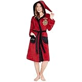 Harry Potter Damen Fleece Bademantel mit Kapuze, Taschen und Bindegürtel, Kuscheliger Morgenmantel(Rot/Schwarz, M)