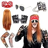 Rocker Outfit herren, 6pcs Herren Kostüm Rock Star 70er 80er 90er Jahre, Herren Rockstar Kostüm mit Armband Kopftuch Sonnenbrille Handschuhe Geblümte Arme Disco Rockstar Perücke für Männer Frauen