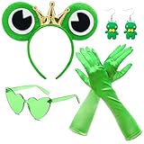MorLuks 6 Stück Frosch Kostüm Set, Froschkostüm für Erwachsene Kinder, Frosch Haarreif Handschuhe Grüne Herzbrille Frosch Ohrringe für Fasching Karneval Motto Party Kostüm Damen