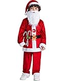 IKALI Jungen Weihnachtsmann Kostüm Weihnachtsmann Outfit Kinder Fancy Party Geschenk mit Hut Weißbart 4-Stücke 3-4 Jahre