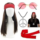 iZoeL Hippie Kostüm Set 4tgl. Perücke + Sonnenbrille + Peace Halskette Anhänger + Stirnband, Männer Karneval Fasching Perücke Faschingkostüme Herren 70er 80er Jahre Mottoparty Karneval Halloween
