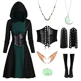 IEEILULU Mittelalter Kleidung Damen, Gothic Kleid Damen mit Kapuze, Halloween Mittelalter Kleid Damen mit Elfenohren, Korsett, Mittelalter Kostüm Damen für Karneval Halloween (Grün, 2XL)