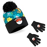 Pokemon Beanie Kinder mit Handschuhe, Mütze Jungen und Handschuhe Kinder Set - Pokemon Geschenke für Jungs