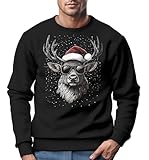 MoonWorks Sweatshirt Herren Weihnachtspullover Aufdruck Rentier Hirsch mit Weihnachtsmütze Weihnachtsoutfit Männer schwarz L