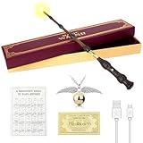 WDKXCN Elderstab Harry P-Otter Glühen, 38CM Dumbledore Zauberstab mit Licht, USB Aufladung Zauberstab Dumbledore in Geschenkbox mit Zauberspruch-Karte, Stationsticket und Halskette