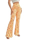 EVELUST 70er Jahre Schlaghose Für Damen – Boho 60er Hose Hippie Blumen High Waist Outfit Disco Kostüm Yogahose Leggings(Orange, M, 1050w)