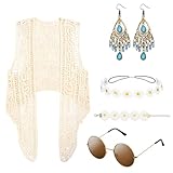 IWTBNOA 6 Stück Hippie Kostüm Set, 60er 70er Jahre Hippie Kleidung Damen Unregelmäßige Boho Hippie Weste mit Hippie Sonnenbrille, Friedenszeichen Halskette, Ohrring, Blumen Haarband und Armband