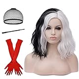 Cruella Perücke für Cruella Devil Kostüm Damen Schwarz und Weiß Locken Perücken Damen Kostüm Party Synthetische Perucken Wig with Gloves Holder 009A