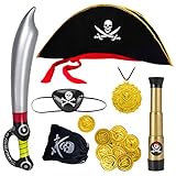 Aurasky Piraten Kostüm zubehör Kinder 7-teilig,Piratenhut Augenklappe Fernrohr Piratensäbel Totenkopfbeutel Goldenen Münzen für Kinder,Pirat Kostüm Zubehör Jungen und Mädchen für Fasching Karneval