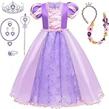 Tacobear Rapunzel Kostüm Kinder Rapunzel Kleid Mädchen mit Rapunzel Perücke Prinzessin Krone Zauberstab Ring Ohrringe Zubehör Prinzessin Kleid Mädchen für Karneval Geburtstag Mädchen2 3 4 5 6 7 Jahre
