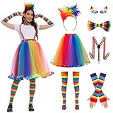 Joellfuner Regenbogen Kostüm Damen, Regenbogen Rock, Tüllrock Bunt, 80 er Jahre Kostüm Accessoires mit Retro Neon Tütü, Haarreif, Bow Tie, Ohrring, 80er Jahre Outfit Damen für Karneval Vintage Partys