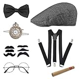 20er Jahre Kostüm Herren Accessoires, Mafia Kostüm Herren, Peaky Blinders Kostüm, Kostüm Party Herren mit Gangster Panamahut Taschenuhr Hosenträger Fliege Bärte Brille, für Karneval Fasching Halloween