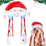 Weihnachtsmütze Plüsch,Beweglicher Bart Hut,Weihnachtsmann Plüsch Hut,LED Weihnachtsmütze,Weihnachtsmütze Lustiger Hut für Cosplay Urlaub Weihnachten Karneval Party Geschenk für Damen Mädchen Kinder