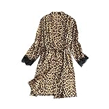 STPT Leopard Sexy Damen Robe Morgenmantel Kurz Kimono Leopardmuster Frauen Satin Bademantel Pyjamas Spitze Cardigan Nachtwäsche Leopardenmuster Damen Reizwäsche Damen Party Pajama