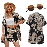 Hawaii Hemd Damen Kurzarm Shirt Shorts Floral Sommer Tropisch Aloha Strand Flamingo Hawaiian Lässig Mützen Sonnenbrille
