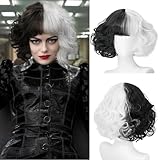 Perücke für Cruella Deville Kostüm Frauen Halb Schwarz Halb Weiß Kurze Perücken mit Pony für Party Cosplay Faching Halloween Bob Wig AL024