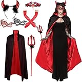 Teufel Kostüm Damen, Doppelseitig Vampir Umhang Set, Vampir Umhang Erwachsene 150Cm,Teufelsgabel,Teufelswinkel,Spitzenaugenklappe,Handschuhen,Halskette, für Karneval Masquerade, Halloween, Cosplay