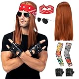 Clundoo Herren Perücke, 7PCS Punk Gothic Rocker Kit mit Kopftuch, Sonnenbrille, Handschuhe, Geblümte Arme, Disco Rockstar Perücke, 70er 80er 90er Jahre Accessoires für Männ
