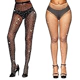 TSHAOUN 2 Pcs Damen Glitzer Strumpfhose mit Strass, Netzstrumpfhosen Hose Glitzernde für Partys, Performances, Tänze, Halloween, Cosplay (Schwarz,Nackt)