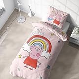 Kinderbettwäsche Peppa Wutz 135x200 für Mädchen und Jungen, 1x Kissenbezug 80x80 + Bettbezug 135x200, Geschenkidee Mädchen, Peppa Pig & George - Smile Regenbogen