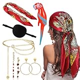 HOWAF Piratenkostüm Damen, Piraten Kopftuch, Augenklappe Pirat, Taillenkette, Haarschmuck Pirat, Piraten Ohrringe, Aufblasbare Papagei für Piraten Kostüm, Hallowee Kostüm Karneval Fasching Kostüm