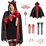 Aragallant Teufel Kostüm für Damen, Rot Teufel Umhang, Halloween Karneval Vampir Kostüm Set mit Teufel Dreizack, Spitzen Augenklappe, Spitzen Handschuhe, Leggings, Elfen Ohren, Für Masquerade Cosplay