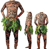 Springcmy Mens/Kids Moana Maui Tattoo T-Shirt / Hose mit Blätterrock, Halloween Erwachsene Cosplay Kostüm Familie Passende Outfits Gr. XL, Mehrfarbig