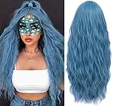 Perücke Blau Damen Lang Locken Perücken mit Pony und Perückennetz für Frauen Mädchen Super Natürlich Volle Synthetik Kunsthaar Wig 001L