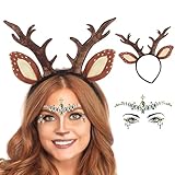 Herbst Rentier Haarreif mit Ohren, Karneval Kostüm Damen Mädchen Reh kostüm Kopfschmuck Haarreifen mit Gesichtstattoo für Karneval Fasching Halloween Party Kostüm