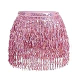 Glitzer Damen Rock Pailletten Rock Bauchtanz Kostüm Mini Rock Cowgirl Kostüm Tanzkleid Rave Outfit Hüfttuch Kostüm für Damen und Mädchen (DE/NL/SE/PL, Alphanumerisch, M, Regular, Regular, Rosa)