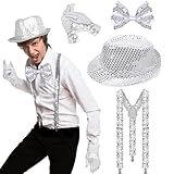 Herren Pailletten Hosenträger Set, 4 Stück Glitzer Kostüm Herre ,mit Pailletten Hosenträger,Pailletten Fliege, Handschuhe, Silber Jazz Hut, für Karneval Mottoparty JGA Herren Damen Kostüm Zubehör