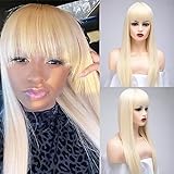 BESTUNG Lange Gerade Asche Blonde Perücken für Frauen Damen Synthetisches Volles Haar Natürliches Licht Honig Erdbeer Gold Perücke mit Pony für Cosplay Kostüm oder Alltag(EINWEG) (blond)