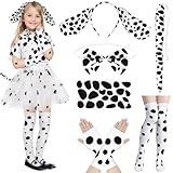 Dalmatiner Kostüm Set, 6 Stück Dalmatiner Kostüm Kinder,mit Dalmatiner Ohren Haarreif,Hund Schwanz,Fliege,Dalmatiner Aufkleber,Socken,Hülsenabdeckung Set für Fasching,Karneval,Cosplay Party Animals