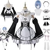 ZHAOSJ Anime Rem Ram Cosplay Kostüm Outfit Re Life In A Different World from Zero Maid Dress Uniform Komplettset Halloween Party Dress Up Anzug mit Perücke