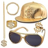 Hip Hop Kostüm Set, 80s 90s Hip Hop Rapper Accessories, Dollar Kette, 1 Stück Halskette, 2 Stück Ringe, 1 Stück Armbänder, 1 Paar von Sonnenbrille mit 1 Stück Hut für Fasching oder Parteien