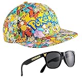 Pokemon Kinder Snapback Kappe, Bucket Hat, Mützen Fischerhut Jungen Mädchen Fischermütze Anglerhut Sonnenhut Pikachu (Mehrfarbig Baseball Cap/Sonnenbrille Set)