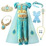 Emin Mädchen Jasmin Prinzessin Kostüm Aladdin Prinzessin Verkleidung Prinzessin Kleid mit Accessoires Geburtstag Party Weihnachten Halloween Karneval Cosplay Verkleiden