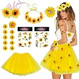 SANLIUSANJIU Damen Sonnenblume Kostüm Set, Tutu Rock mit Sonnenblume Haarschmuck Stirnband, Sonnenblume Köpfe Armbänder, Sonnenblume Aufkleber, Sonnenblume Blumen, für Karneval Hochzeit Party Thema